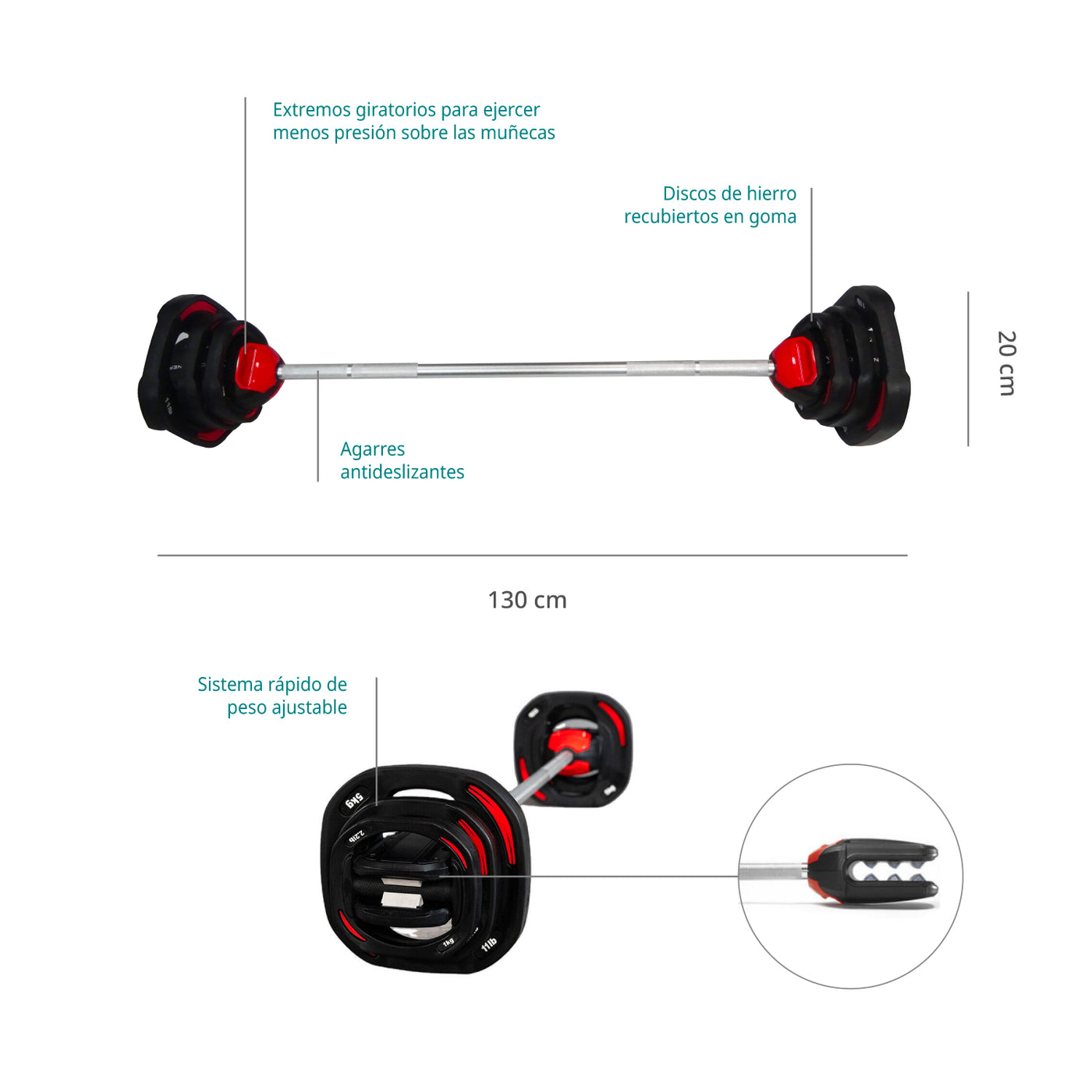 Barra con Sistema Rápido de Peso Ajustable y Discos 20 Kg