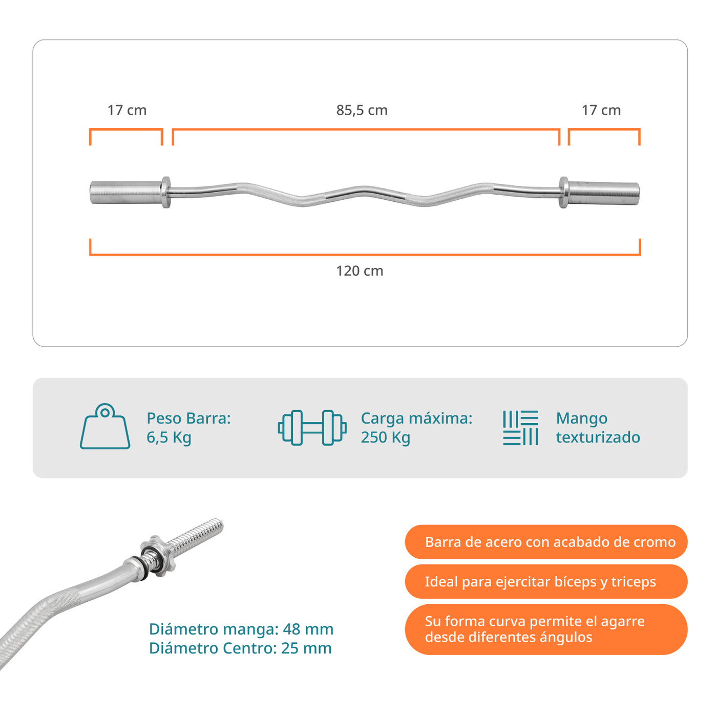 Barra Olimpica Curva Z 6,5 KG 1,2M – BodyTrainer CL